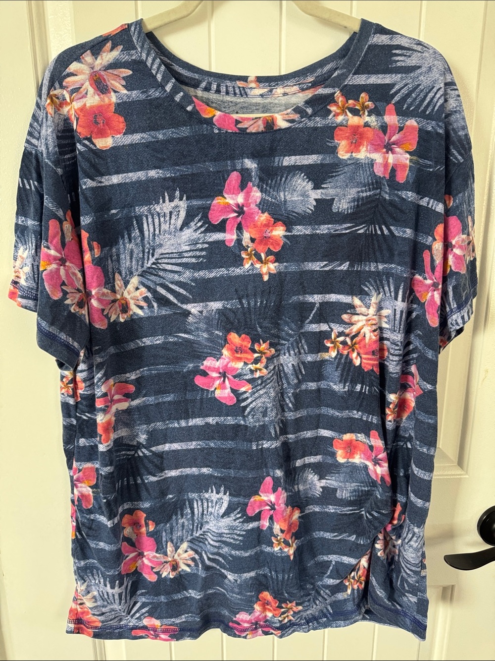 St. John's Bay Navy Short Sleeve Shirt with Pink & Orange Floral Print